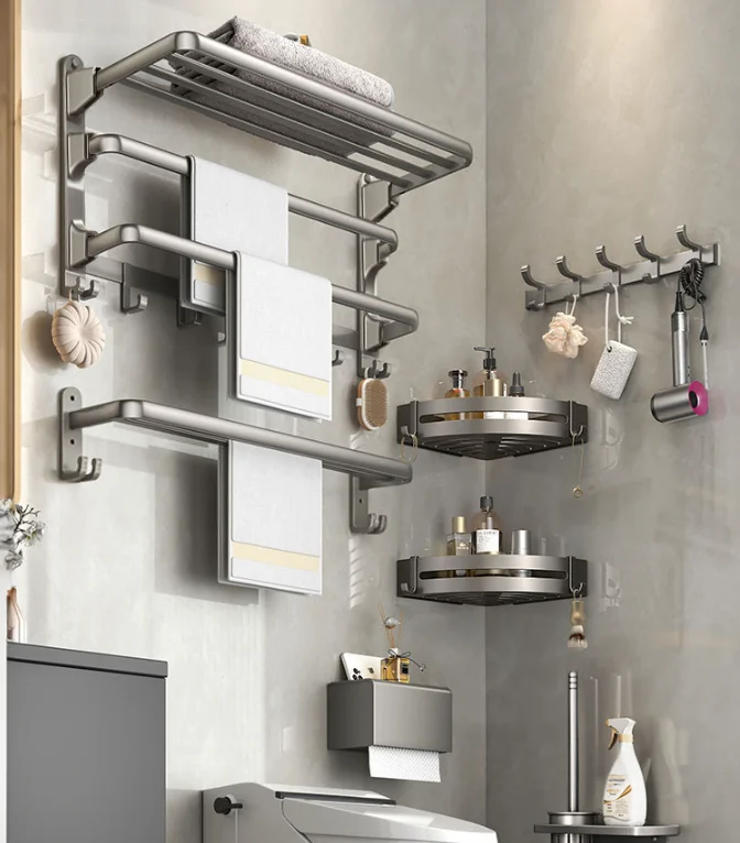 Hot Selling Hotel Bathroom Accessories Shower Corner Storage Shelf Bath Rack Wall Mounted Double Foldable Towel Bars