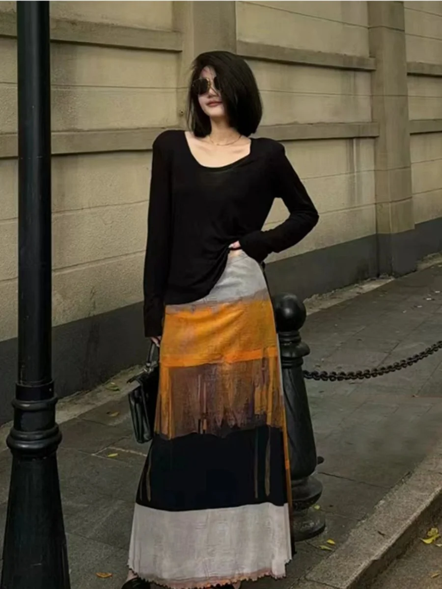 Spring Summer Half-length Skirt Women's A-line Midi Skirt with Wood Grain  Gradient Splicing Slimming Stylish Commute