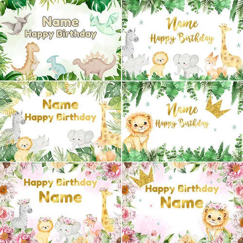 Banner de fondo con foto de cumpleaños con nombre personalizado, decoración de fiesta de fondo de acuarela con animales de Safari en la jungla