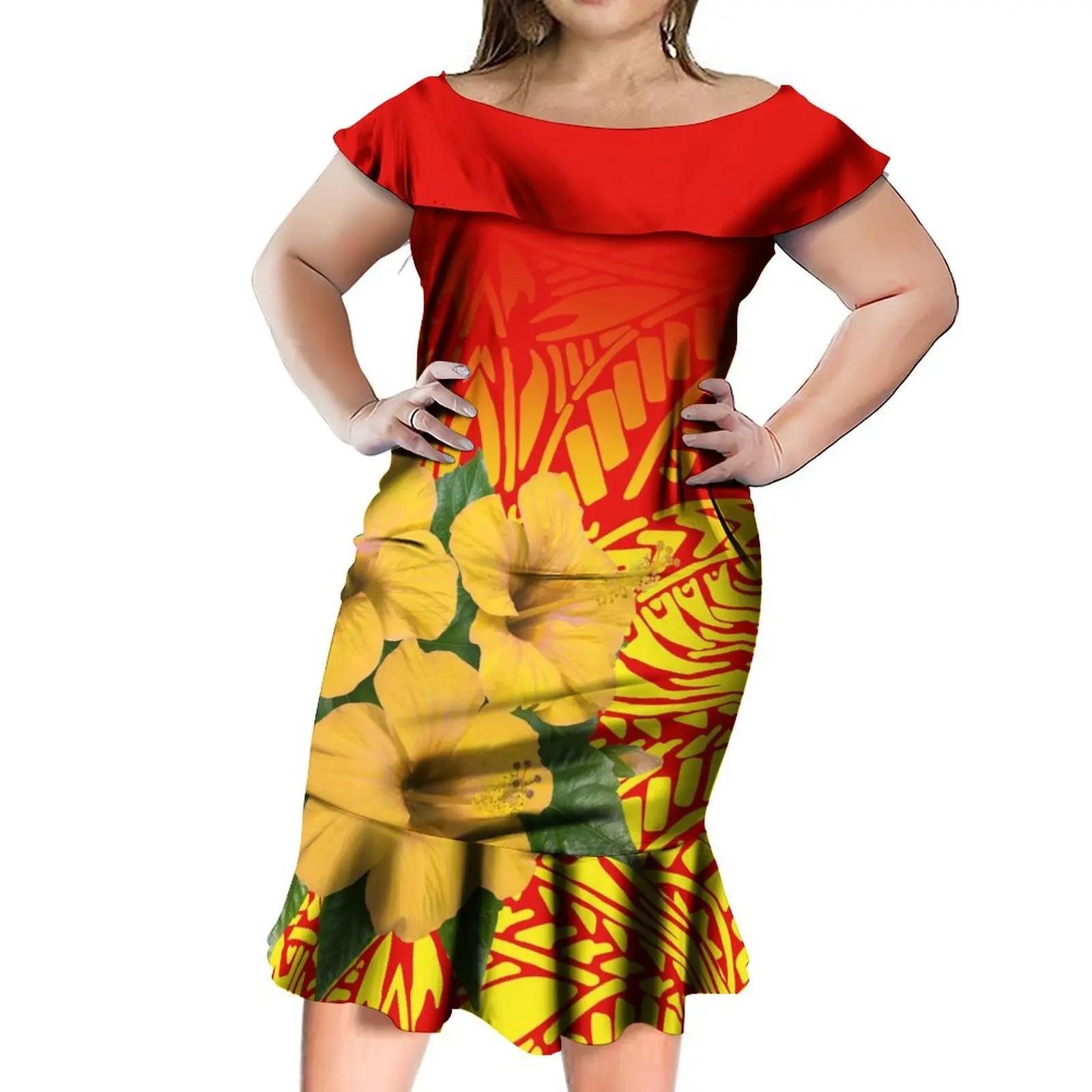 New Style Tonga Fiji Samoa Polynesian Women Ruffled Casual Dress Custom Formal Occasion Fishtail Mermaid Dress With Cape