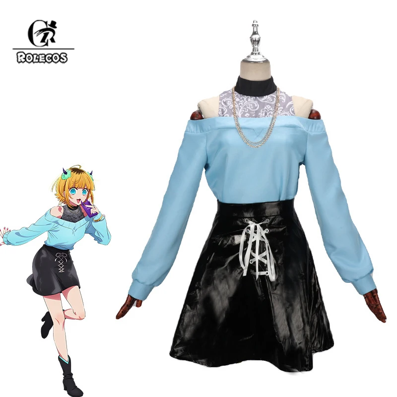 ROLECOS Oshi no Ko Mem-Cho Cosplay Costume Women Blue Dress YouTuber Mem-Cho Halloween Carnival Suit with Devil Horns