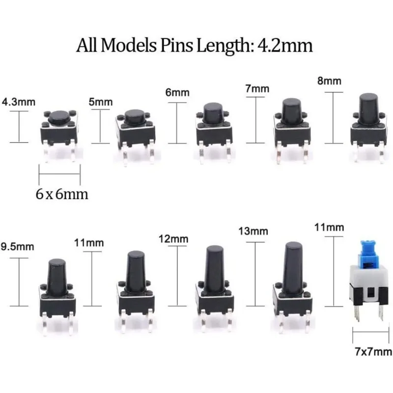 10 Values 180PCS Tactile Push Button Switch Mini Momentary Tact Assortment Kit DIY for Switch 6*6 4.3MM~13MM DIP 4P