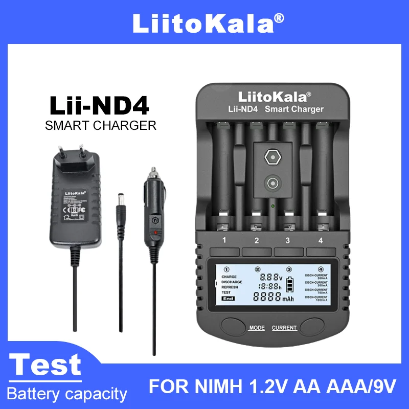 LiitoKala Lii-ND4 Lii-CH2  LCD Display and Test Battery Capacity 9V Batteries NiMH/Cd 1.2V AA AAA Recharge Bateery Charger