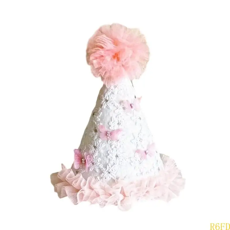 

R6FD Birthday Celebration Hat Baby Girls Bowknot Lace Design Party Accessory Pink