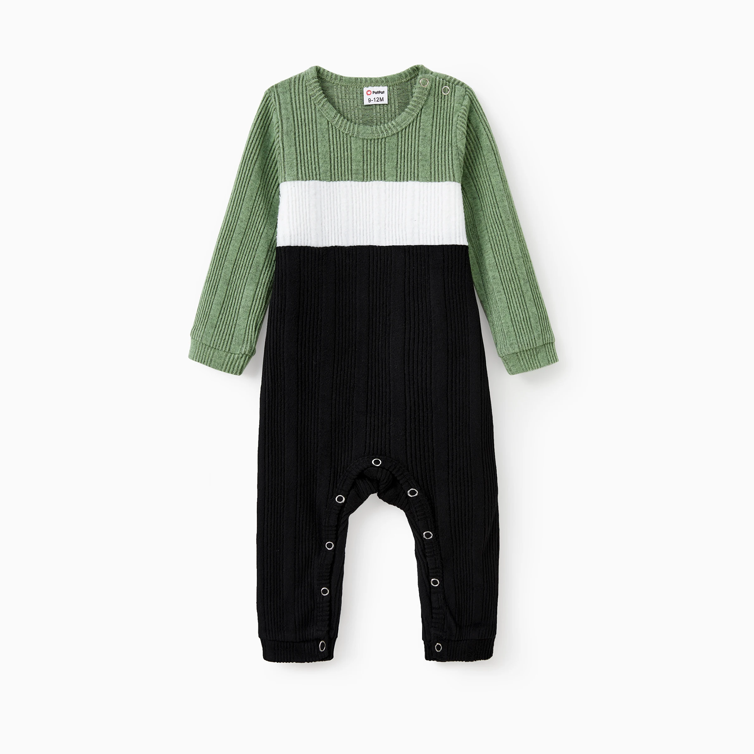 PatPat Family Matching Sets Green Color Block Long Sleeves Ribbed Tops/Dress/Romper