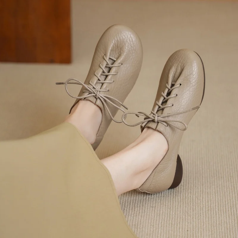 Nouvelles Chaussures à Talons Carrés pour Femmes en Cuir Véritable, Modèle Automne 2027, à Bout Rond et Lacets, Mocassins pour Dames