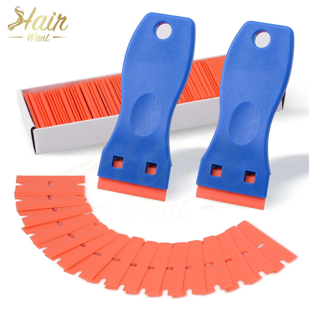 Hair Want 2Pcs Plastic Razor Scraper With 100Pcs Double Edged Blades Hair Extension Tool for Sticker Label Removal Scraper Tool