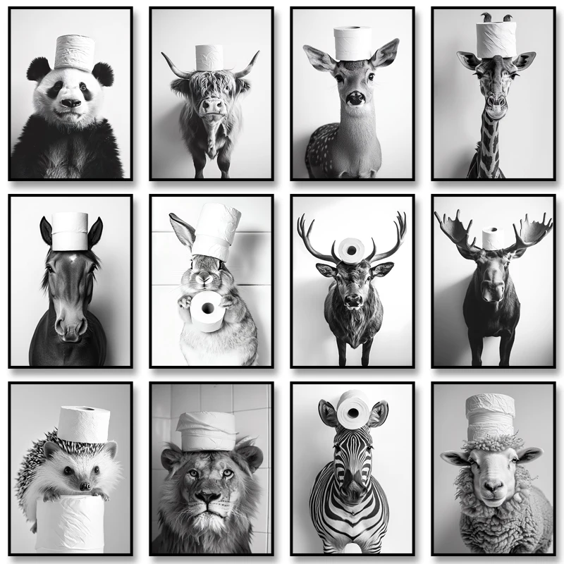 1pc frameless Canvas Painting Black White Funny Bathroom Poster Animals with A Toilet Paper Roll on Head Canvas Painting Print W