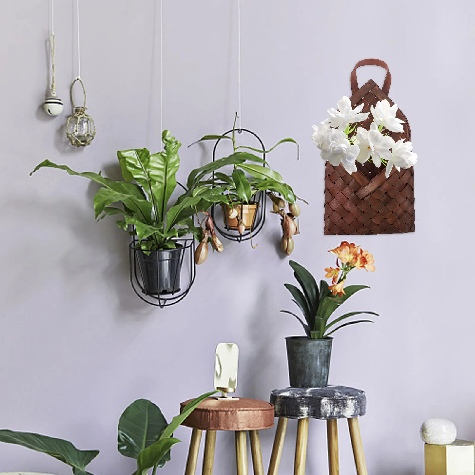 

Wall Storage Hanging Basket Woven Flower Decorative Kitchen Organizer Natural Retro Wood Piece Long Practical Elegant