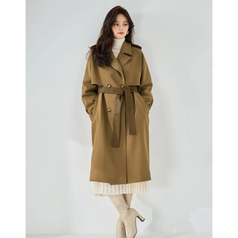 Autumn Khaki Trench Coats Women Belt Windbreaker Jackets Leather Epaulettes Elegant Mid-Length Top Loose Straight Lapel Clothing