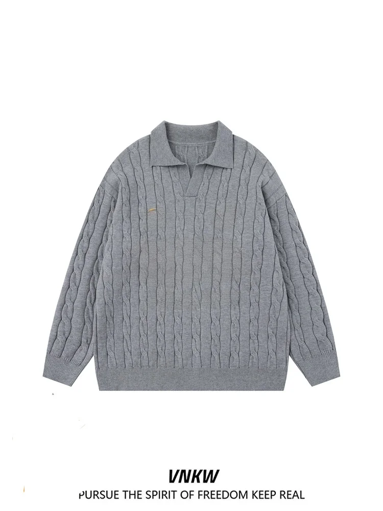 

Мужской вязаный свитер свободного кроя с воротником, узором «косы», комфортный, дышащий, винтажный, длинный рукав, теплый, молодежный стиль