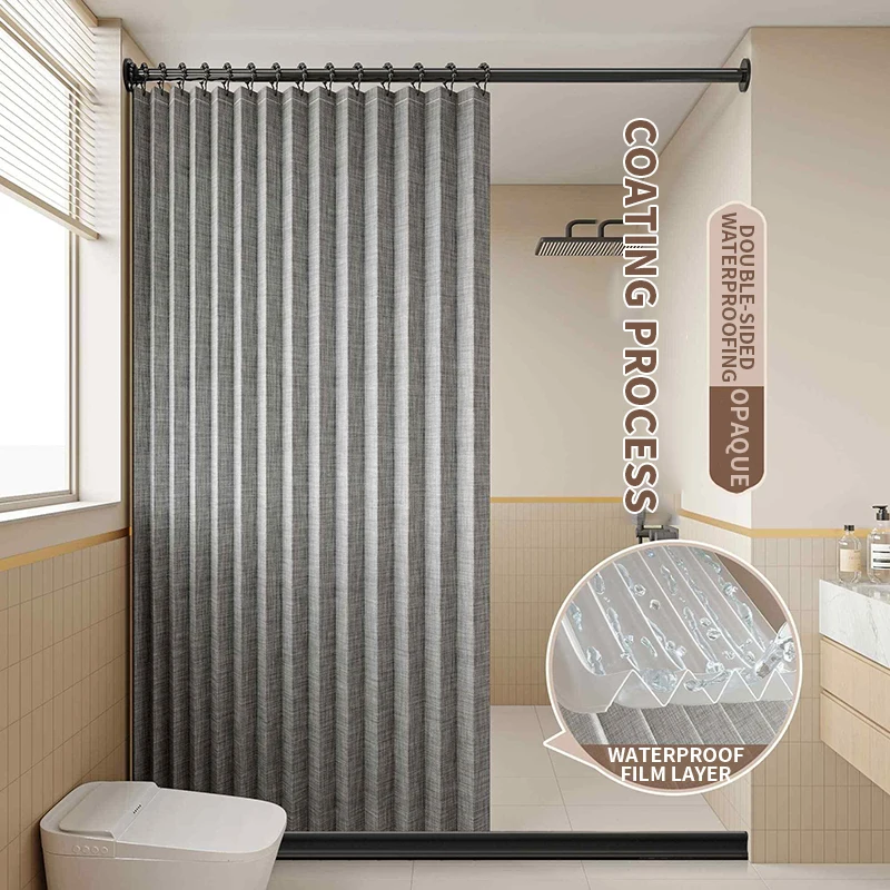 

Thick Polyester Waterproof Foldable Shower Curtain 2PCS Set Anti-Mold Gray Bath Screen with Metal Hooks Easy Storage