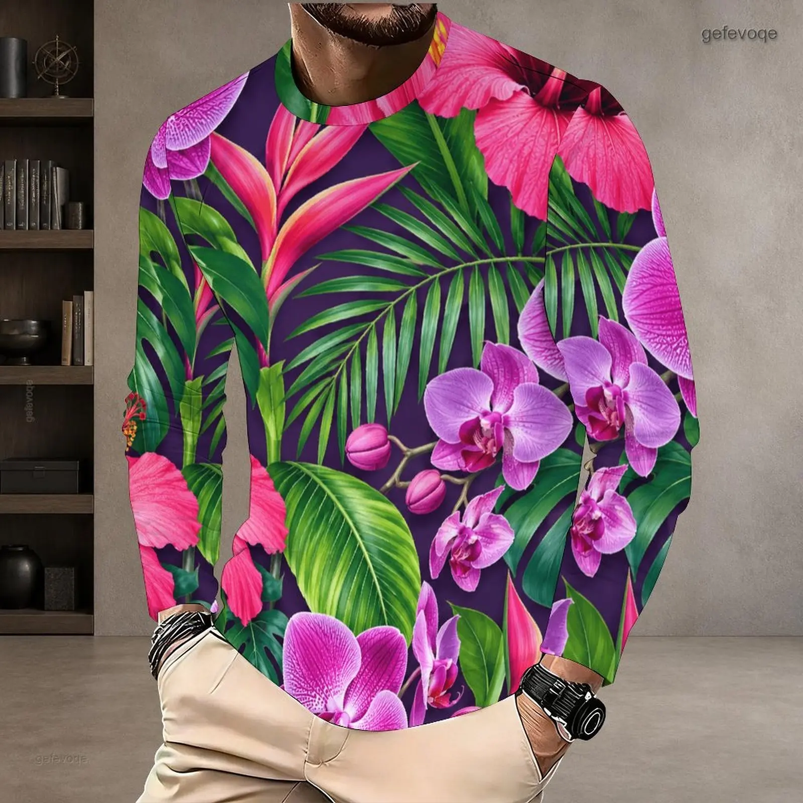 Men All Over Printed Neon Tropical Palm Leaf Round Neck Long Sleeve Pullover T-Shirt