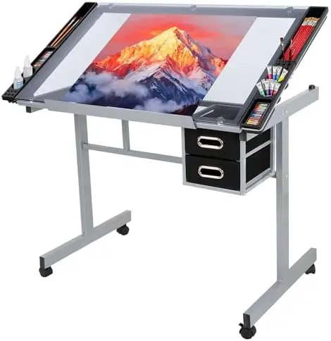 Adjustable Drafting Table Art Desk Drawing Table Versatile Art Craft Work Station Glass Tabletop w/2 Slide Drawers and