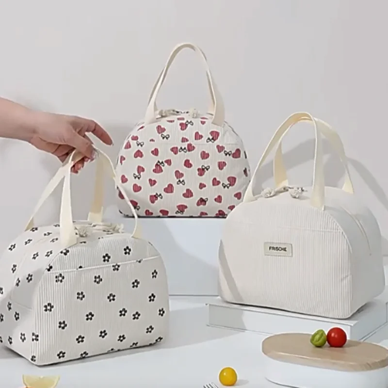 

Вельветовая сумка для обеда с цветочным принтом и термоизоляцией, идеально подходит для работы, школы или пикника