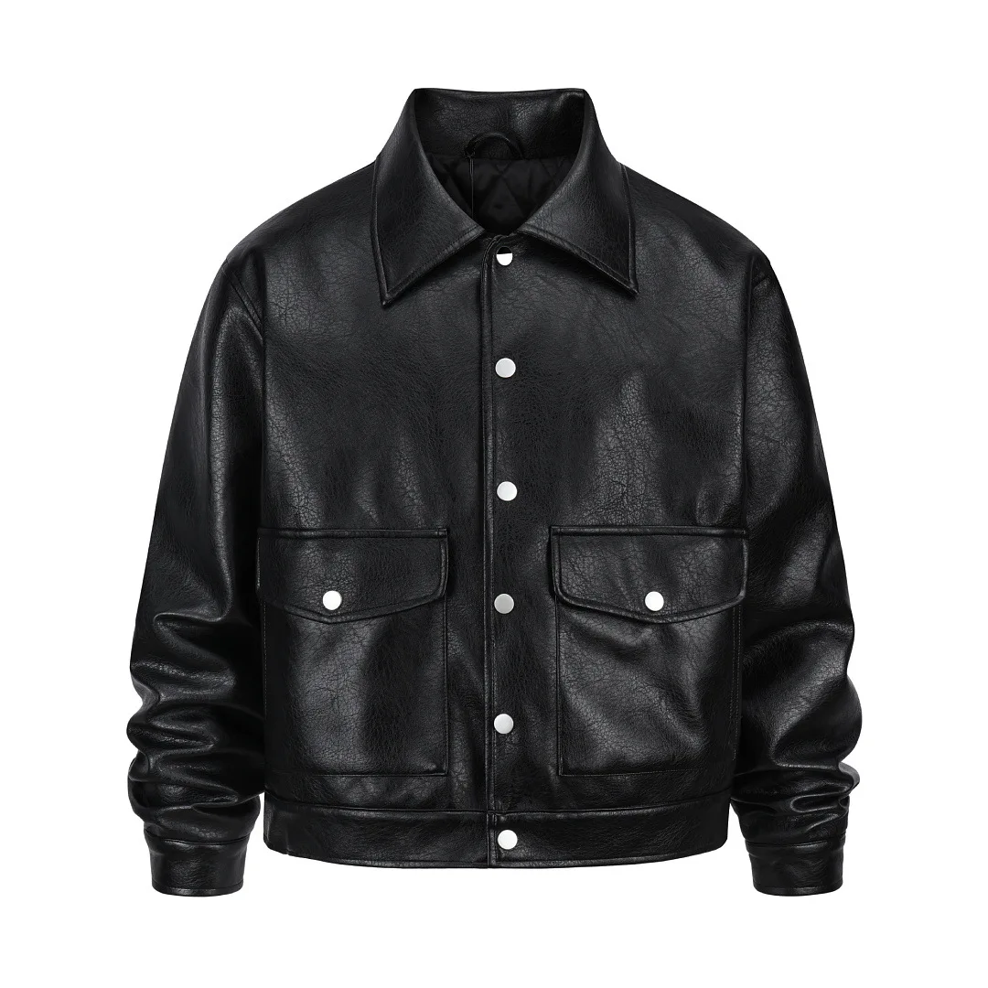 EU/US Instagram Vintage PU Leather Jacket for Men Autumn Winter Multi-Pocket Quilted Padded Coat American Retro Buttons Open