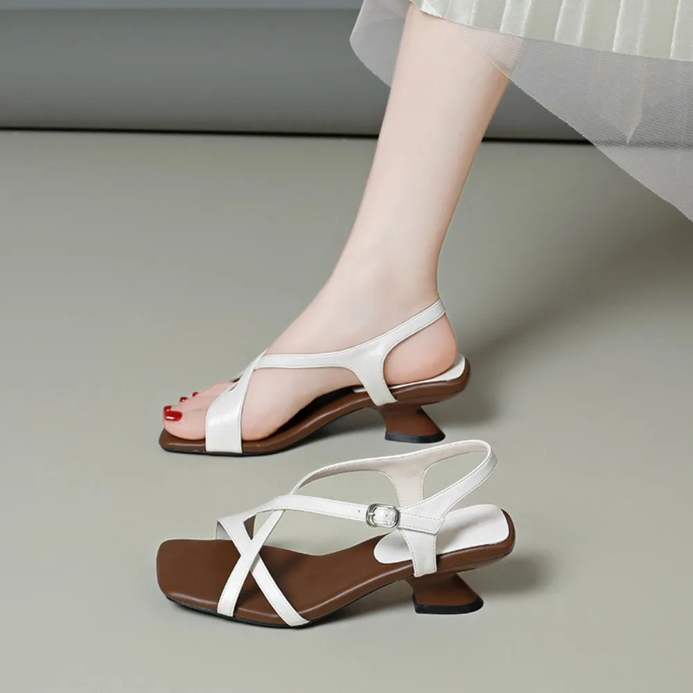 Aphixta Elegant Ladies Cross Ankle Strap Open Toe Sandals Unique Curved Wooden Block 5cm Mid Heel Summer Party Women Sandals