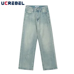 Washed Distressed Denim Pants Mens Spring Loose Wide Leg Pants Streetwear Casual Straight-leg Jeans