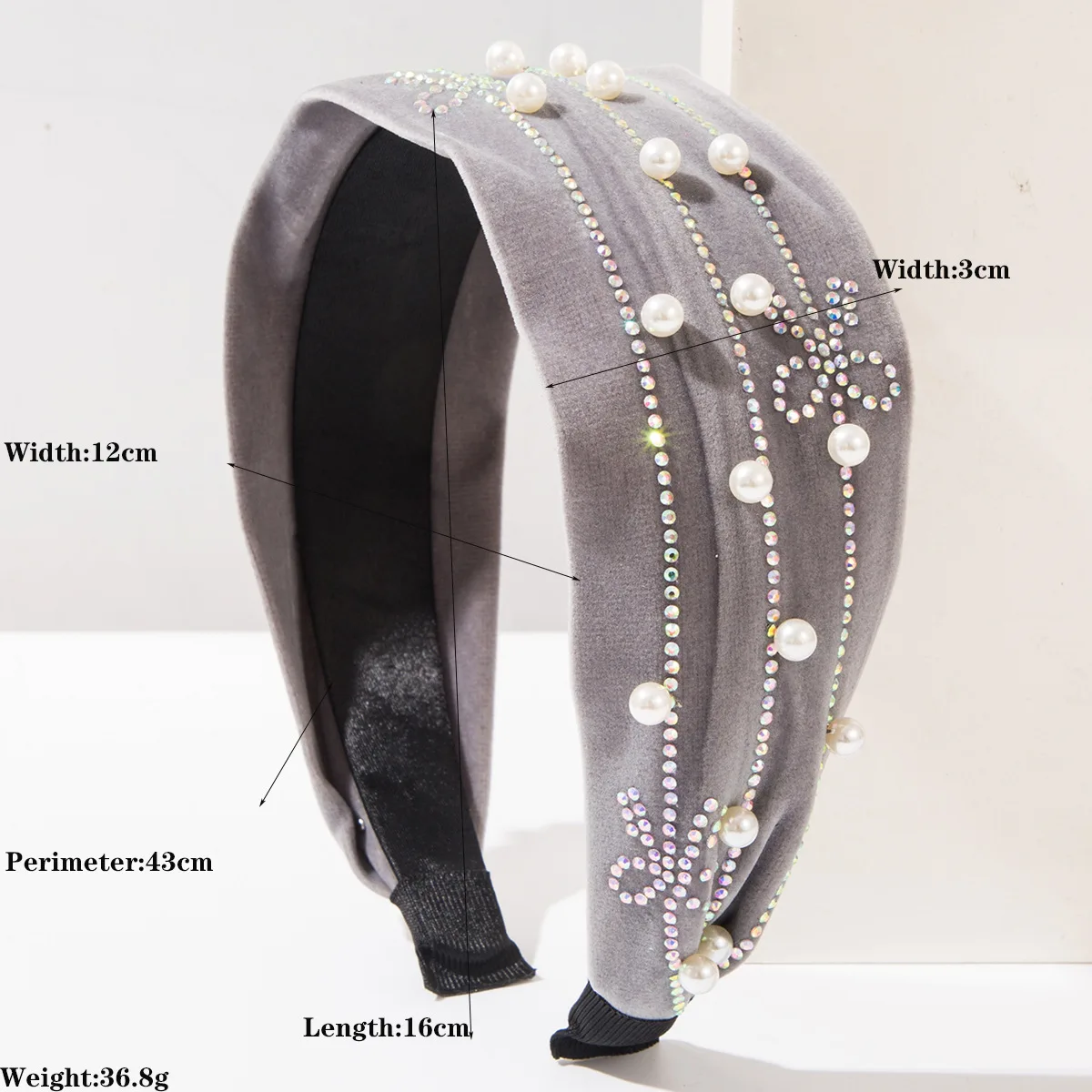 European and American New Faux Pearl Hotfix Rhinestone Bow Wide Velvet Headband - Women's Banquet Court Style Hair Accessory