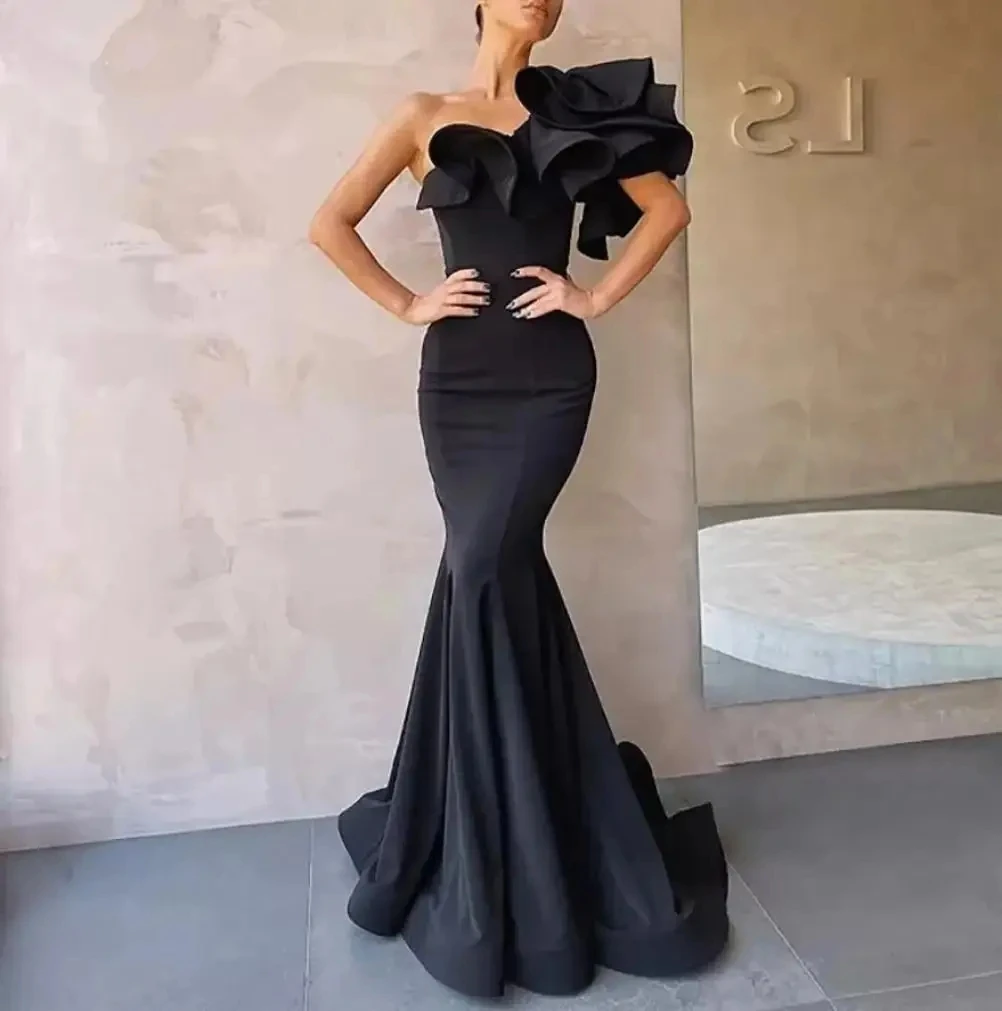 

2024 Elegant Mermaid Black Long Prom Dresses for Women Luxury Satin One-shoulder Simply Formal Party Celebrity Bridesmaid Gowns