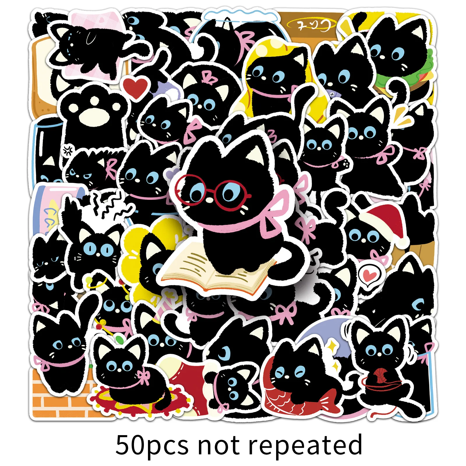 50 pièces chat noir dessiné à la main Style chaton mignon animal de compagnie bricolage Graffiti décoration ordinateur portable guitare valise autocollant étanche enfants jouet