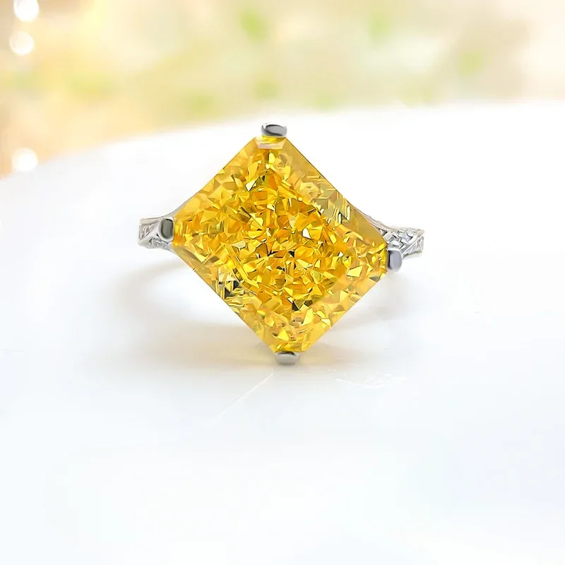

Explosive Flash Broken Ice Cut Thick Color Yellow Diamond Ring Rectangular 925 Sterling Silver Style Wedding Jewelry