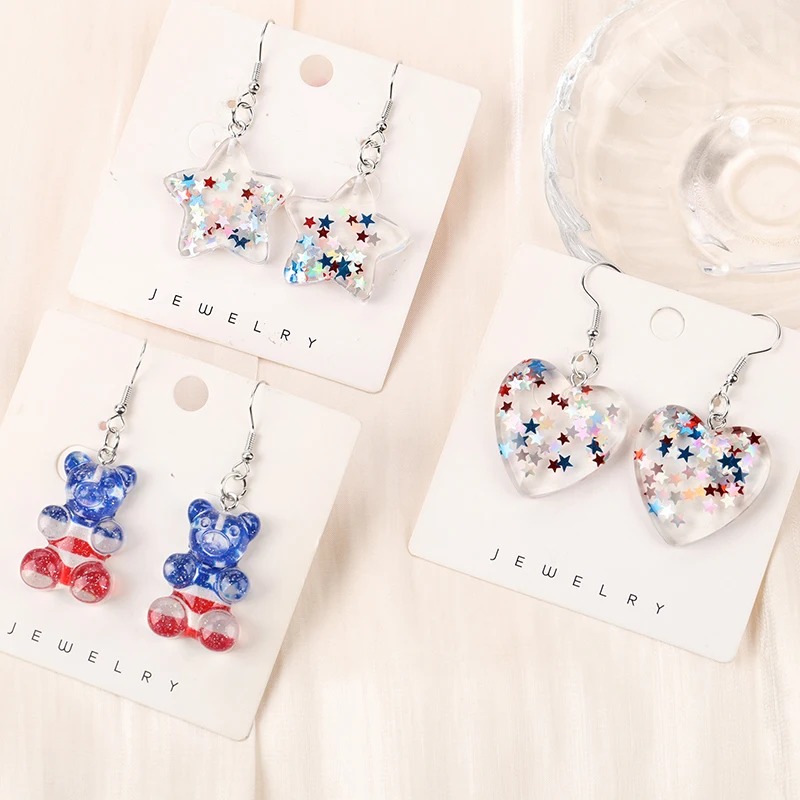 1Pair Fashion Independence Day Drop Earrings Flatback Resin Star Heart and Bear Jewelry For Girl  and Woman Birthday Gift