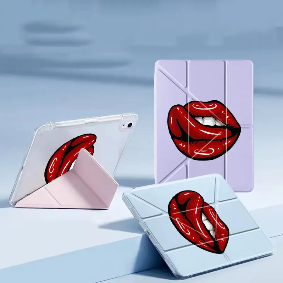 

Holder Cover Tablet Case For iPad Air 4 5 M3 M2 M4 11inch Pro 2025 Mini 6 7 Pro 11th 10th 9th 8th 12 Y-Fold Bite Red Lips