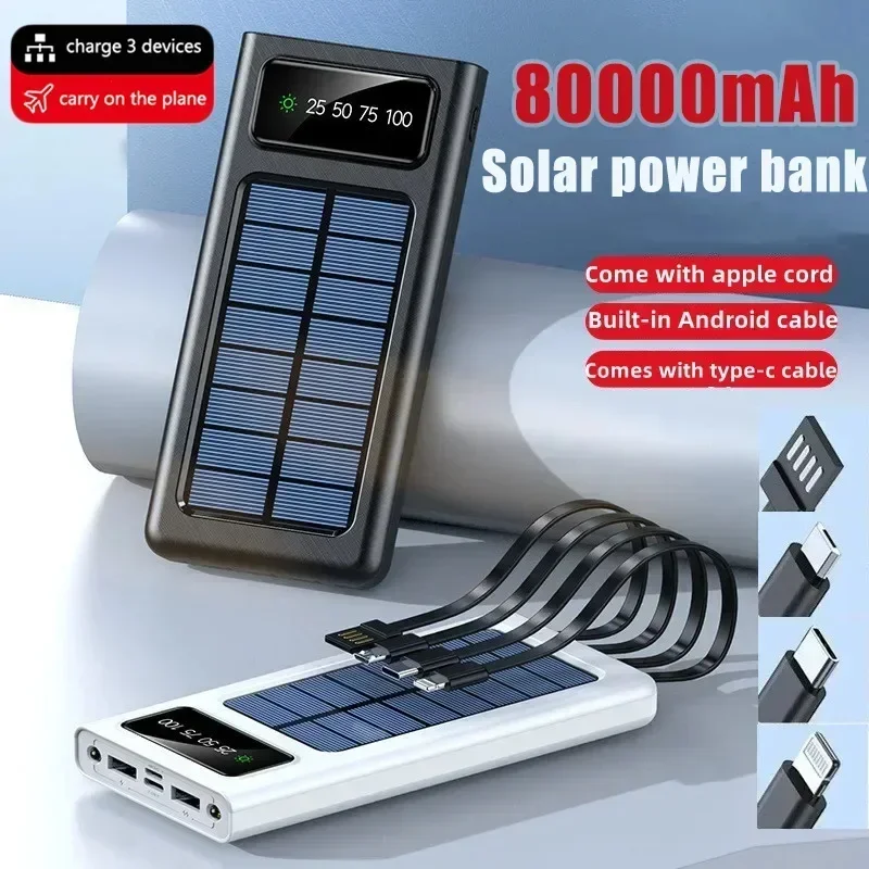 Solar Power Bank Internal Cable 80000mAh Solar Charger 2 USB Ports External Charger Mobile Universal Power Bank with LED Light