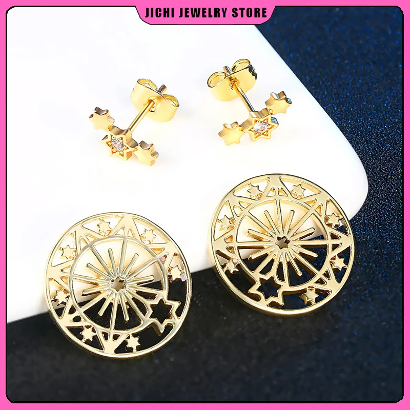 Nueva moda de acero inoxidable exquisita estrella brillante circón redondo hueco pendientes ligeros de lujo elegante mujer joyería regalo