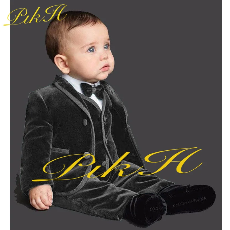 Velvet Kids Suit 3 Piece Winter Warm Jacket Pants Vest Casual Fashion Wedding Tuxedo Boys Blazer Custom Clothes