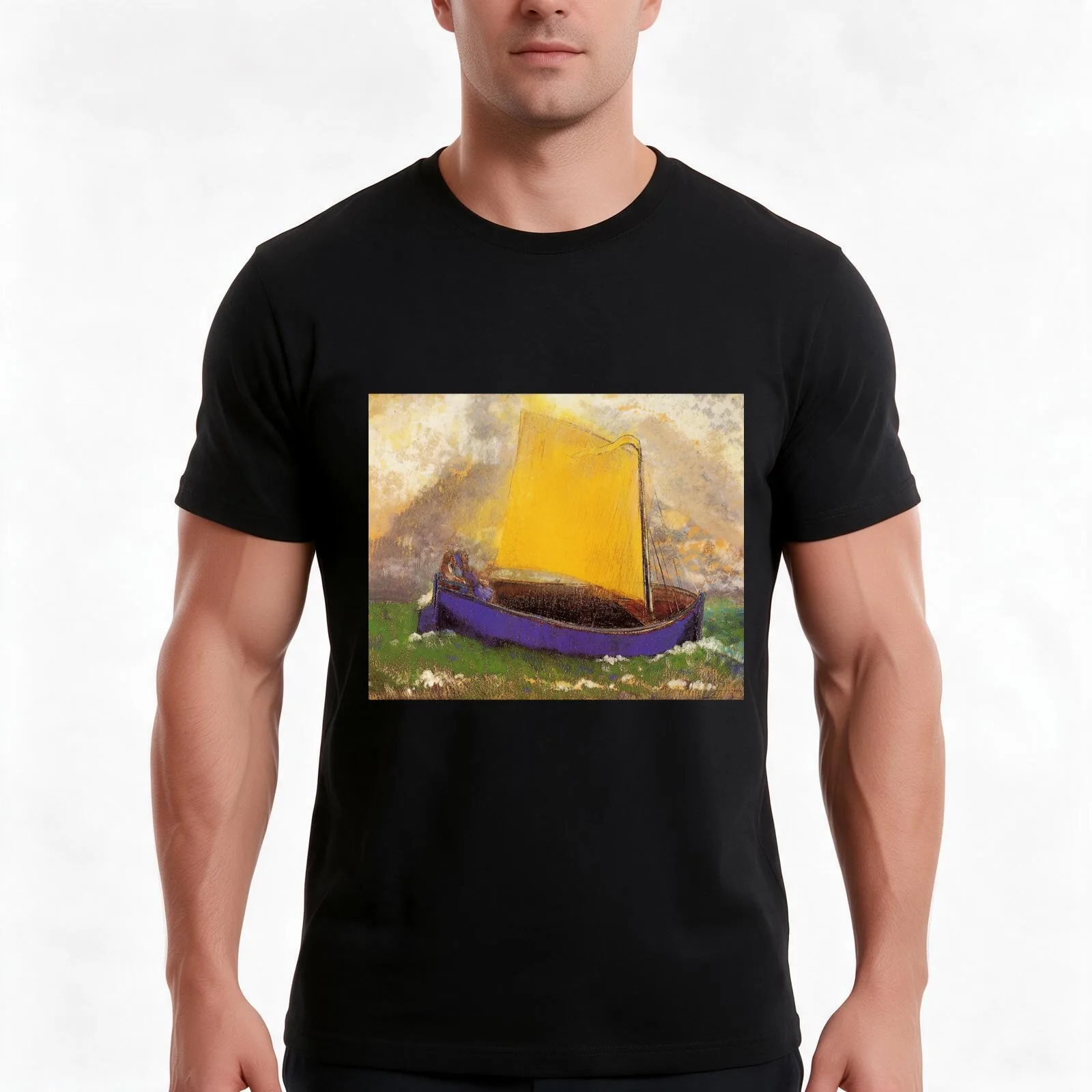 HD The Mysterious Boat  by Odilon Redon(1892) High Definition T-Shirt Summer Casual Cotton Tee Oversized Streetwear Tops