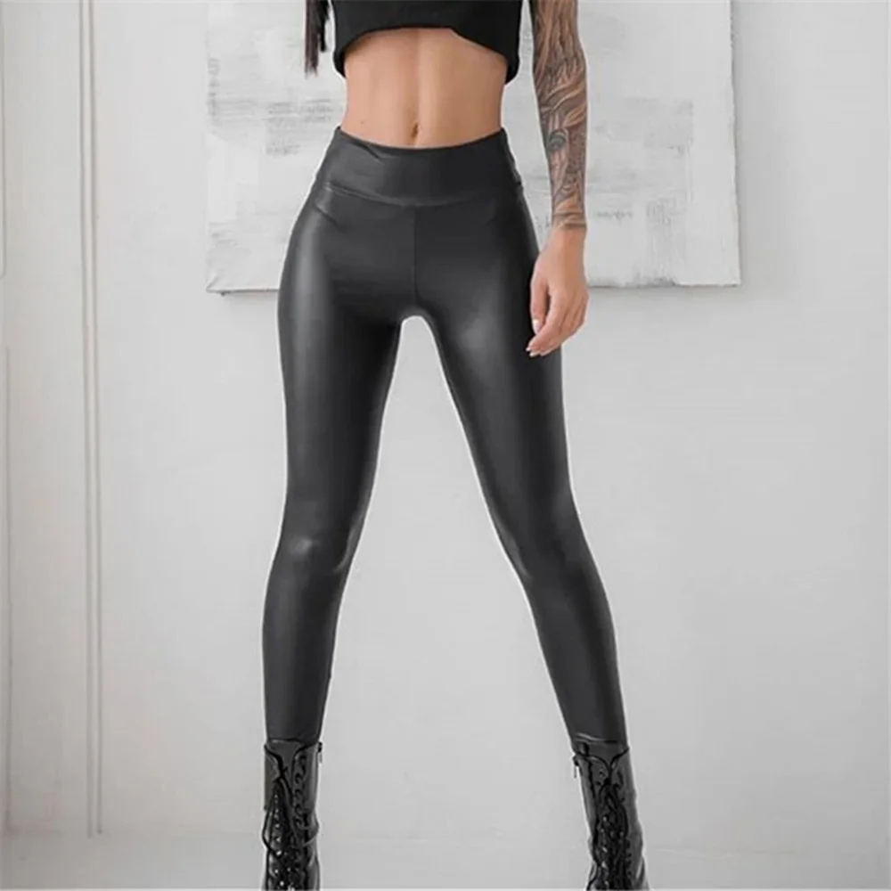 Leggings de couro magro estiramento nádegas calças de couro de cintura alta elástica calças finas para mulheres preto brilhante sexy calças apertadas