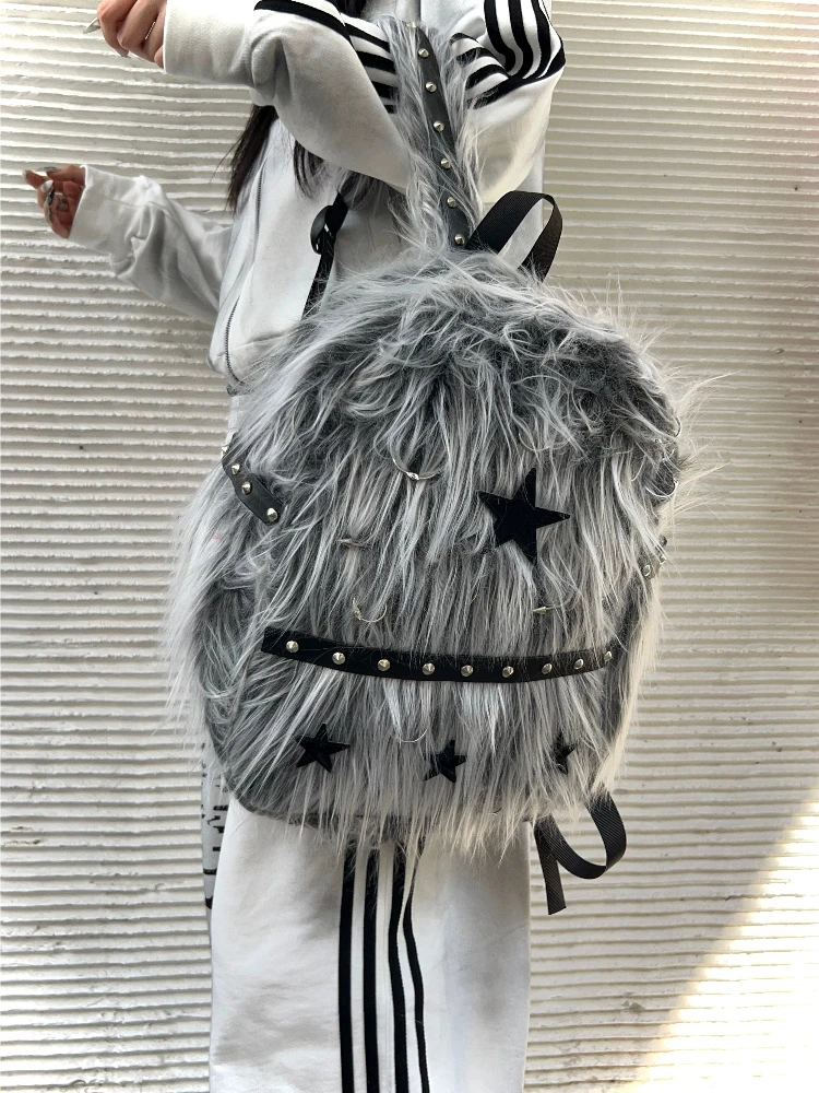 

Large Capacity Backpack Grey Plush School Bag Original Design Subculture Long Hair Rivet Backpack