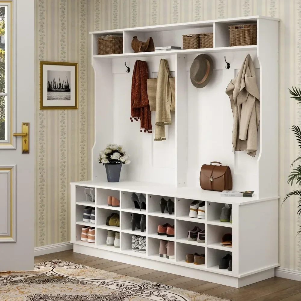 Large 3-in-1 Entryway Hall Tree with Shoe Bench and Coat Rack with 18 Shoe Storage Cube and 6 Hanging Hooks