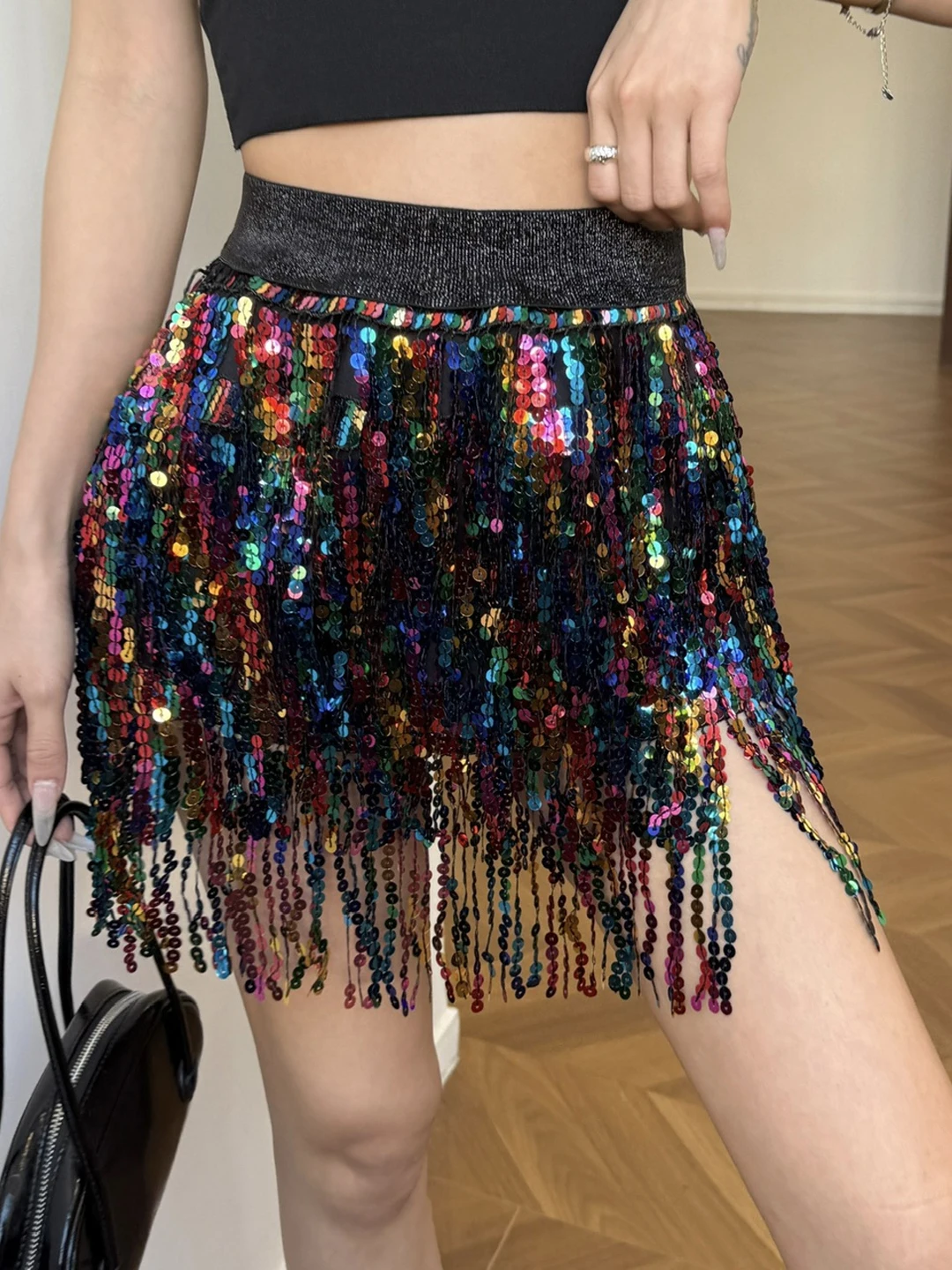 Spring 2026 Fashion 3D Bead Tassel Design Slimming A-Line  Skirt Women's High Waist Commuter Wear Resilient Fabric