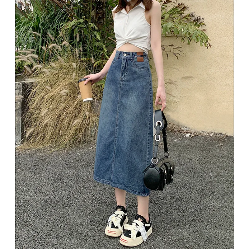 

College style rear split denim skirt for women's summer new small, high waisted, slim A-line buttocks wrapped skirt