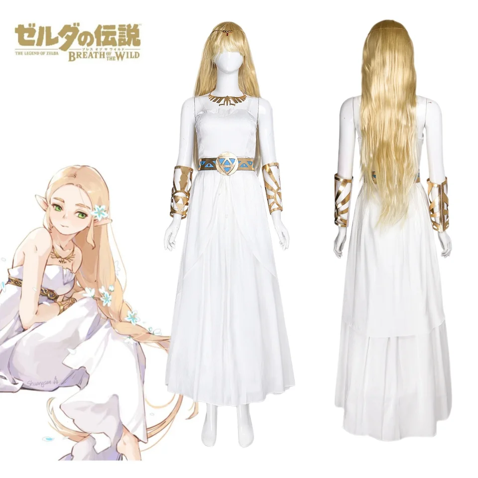 princess zelda white dress Premium Edition The Legend of Zelda Cosplay Costume with Apron and Belt falling just below the knees in the front and extending to mid Women's White Princess Cosplay Costume