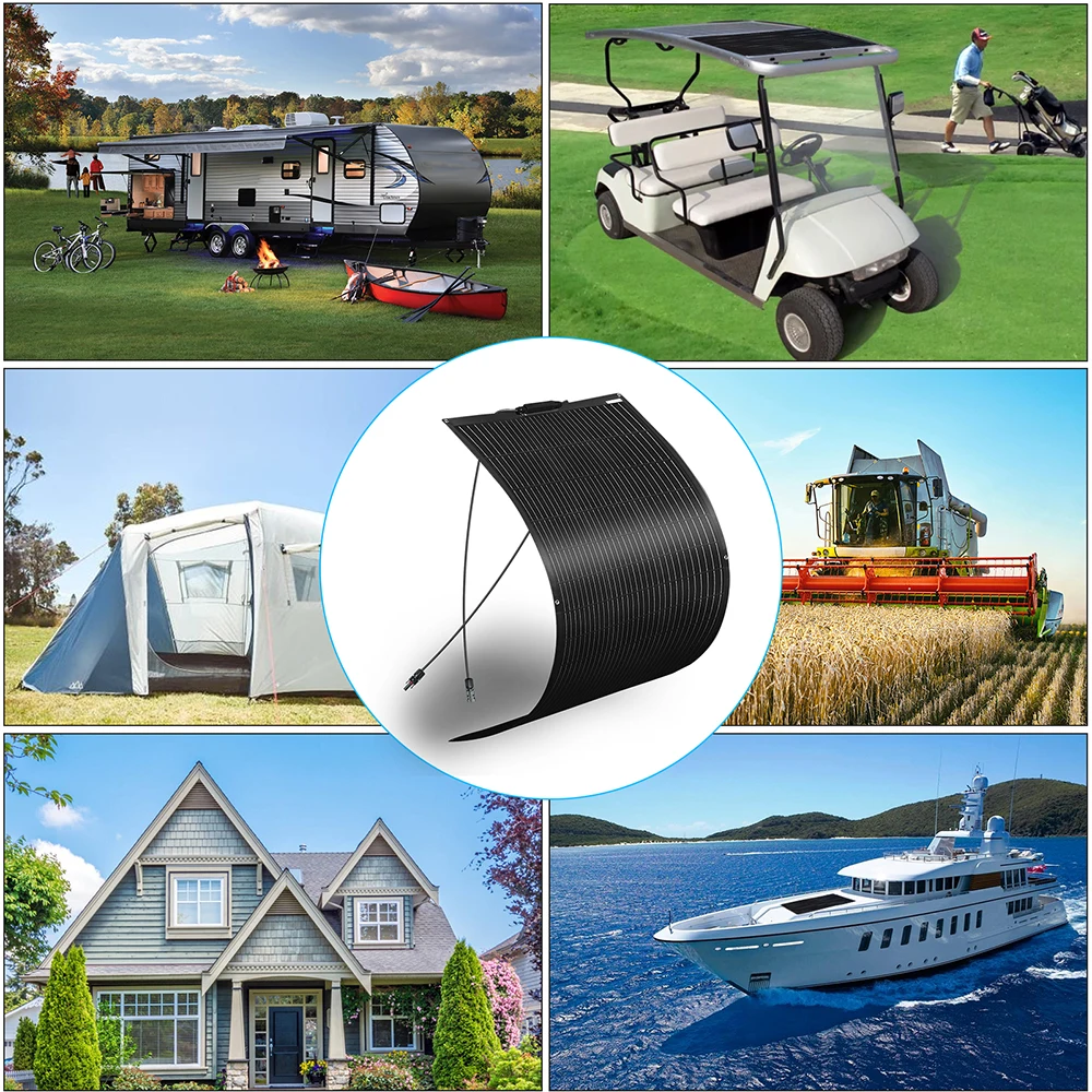 150W-600W Semi-Flexible Monolithic Monocrystalline Solar Panel Kit, 19.8V PV Module, 12V/24V/36V Off-Grid Battery Charger for RV