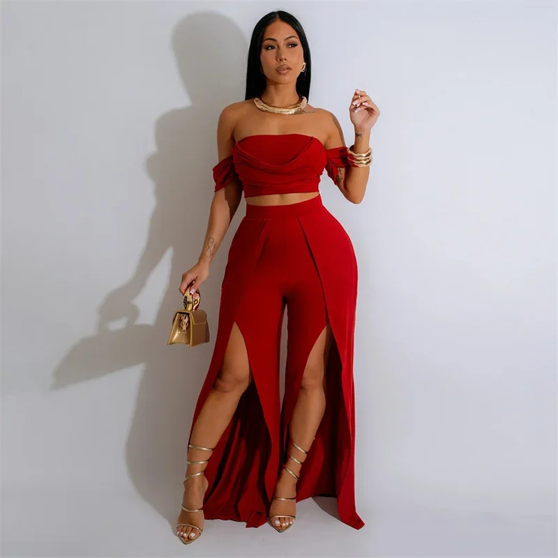 Solid Sexy Nightclub Two Piece Sets Women Off The Shoulder Strapless Crop Top High Waist Front Split Loose Pants Party Outfits