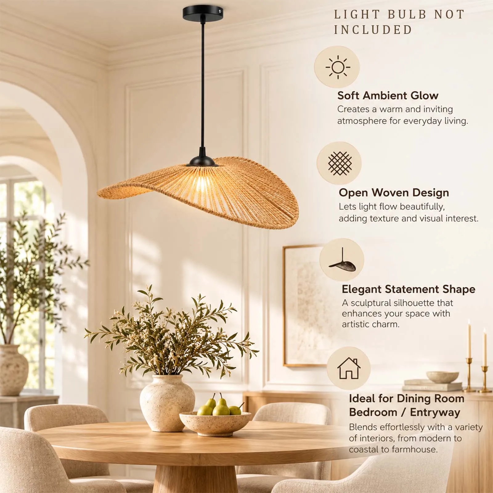 Pendant Light, Natural Rattan Woven Shade, Flat Wavy Disc, Hand-Woven, E27, French Cream, Dining Room Bedroom