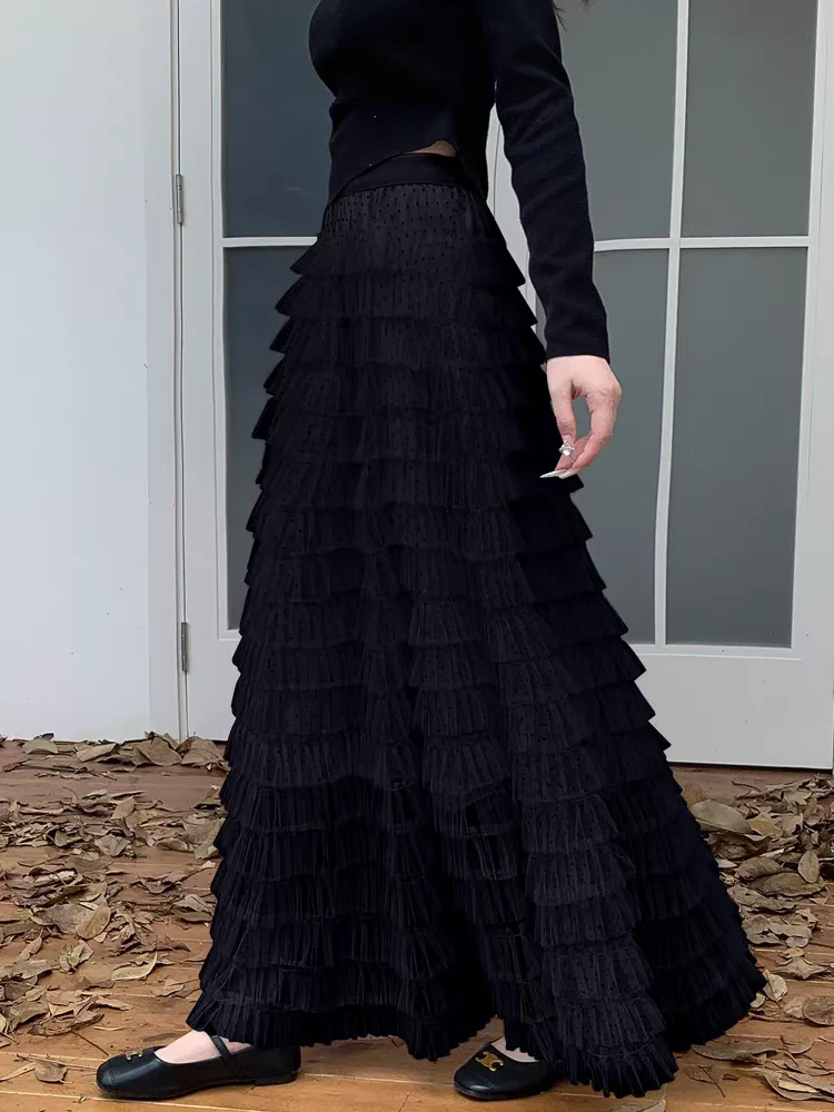 秋のティアードチュールポルカドットマキシスカートレディースハイウエスト流れるようなフレアスカート、伸縮性ウエスト、痩身Aラインシルエット