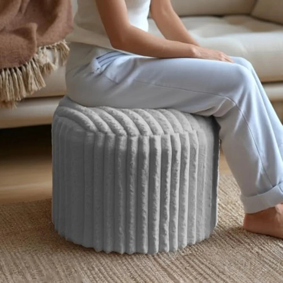 

Round Stuffed Pouf Ottoman, Stripe Faux Fur Footrest, Solid Block Support+Soft Cushion Comfort, Removable Washable Cover, 20" F
