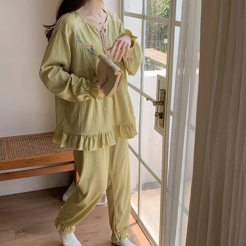 Princess Pajamas Set Women Spring Autumn New Cotton Sleepwear Suit Sweet Embroidery Ancient Loungewear Two Piece Homewear Outfit