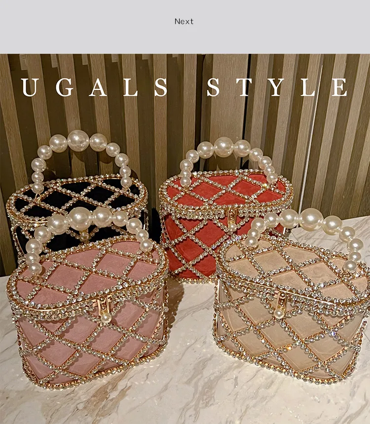 Luxury Rhinestones Diamond Evening Bag Hollow Pearl Beaded Metallic Cage Women Handbag Wedding Party Clutch Purse Shoulder Bag