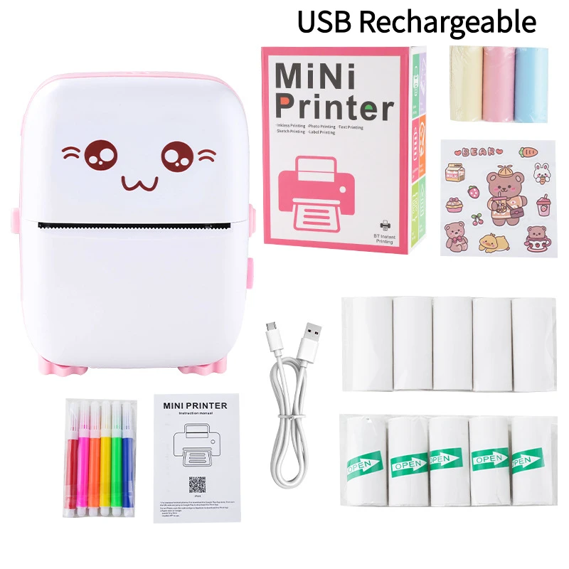 Portable Wireless Mini Thermal Printer with 13 Rolls of Paper Or 1 Roll of Printing Paper, USB Rechargeable, Perfect for Notes