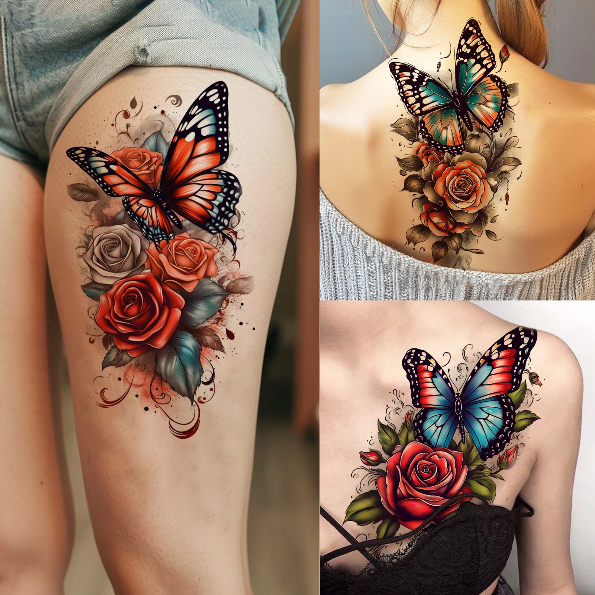 

1 Sheet Beautiful Watercolor Rose Butterfly Temporary Tattoos Realistic 3D Fake Tattoos Waterproof Long Lasting Tatoo Stickers