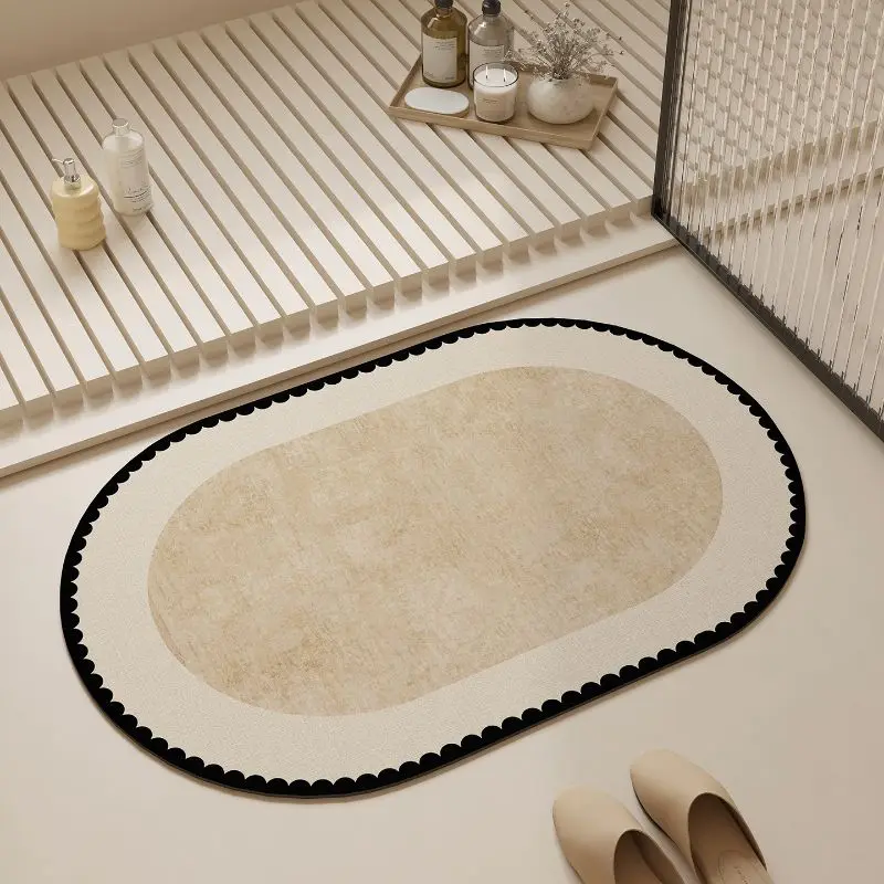 VIKAMA Cloud‑Shaped Bath Mat Retro Black Rose Letter Print Beige Marble Texture Non‑Slip Absorbent Rug for Bathroom Shower Decor