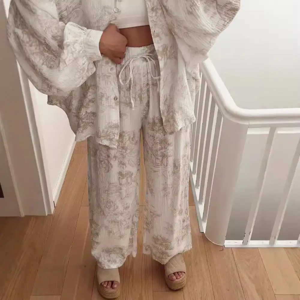 

Женский комплект из двух предметов с длинным светом и брюками с принтом, модная осенняя коллекция для поездок на работу, костюм из двух предметов для взрослых