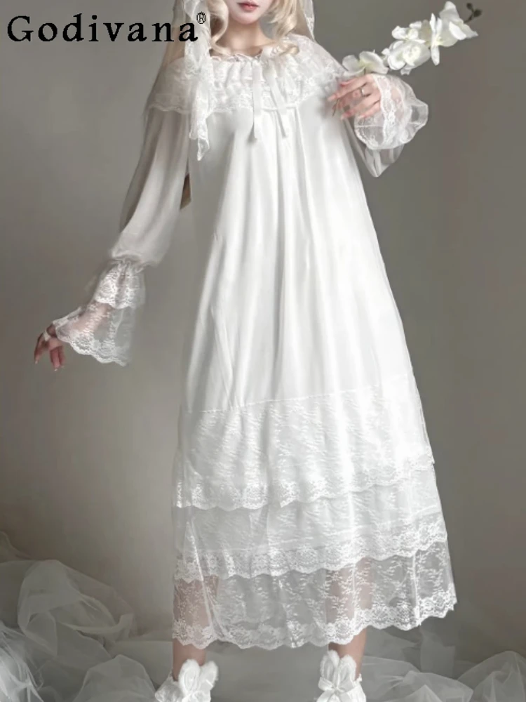 

Новая весенняя белая кружевная ночная сорочка из тюля с длинными рукавами в стиле принцессы, элегантное свободное платье в стиле Лолита для женщин, комфортная домашняя одежда